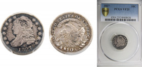 United States Federal republic Victoria 10 Cents 1827 Philadelphia mint PCGS VF25, "Liberty Cap Dime", 1st variety Silver KM# 42