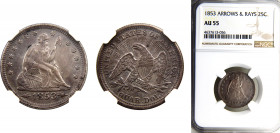 United States Federal republic ¼ Dollar 1853 Philadelphia mint "Seated Liberty Quarter", Arrows & Rays NGC AU55 Silver KM# 78