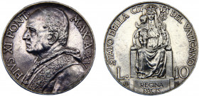 Vatican City Papal States Pivs XI 10 Lire 1936 XV Silver 9.98g KM# 8