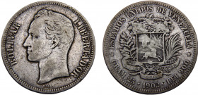 Venezuela United States 5 Bolívares 1902 Philadelphia mint Silver 24.5g Y#24.2