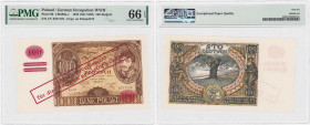 Polish banknotes 1794-1948
POLSKA / POLAND / POLEN / POLOGNE / POLSKO

100 zlotych 1934 seria CY, PMG 66 EPQ - RARE 

Przedruk na banknocie z dat...