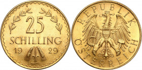Austria
Austria. 25 shillings 1929, Vienna 

Pięknie zachowane.Friedberg 521

Details: 5,90 g Au .900 
Condition: 1/1- (UNC/UNC-)
