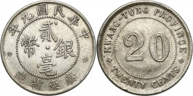 China
China, Kwangtung. 20 cents 1920 

Sporo połysku, ładnie zachowane.

Details: 5,20 g Ag 
Condition: 2- (EF-)