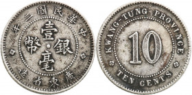 China
China, Kwangtung. 10 cents, Year 2 (1913) 

Ciemna patyna.L&M-144; KM-Y-422

Details: 2,68 g Ag 
Condition: 3+ (VF+)