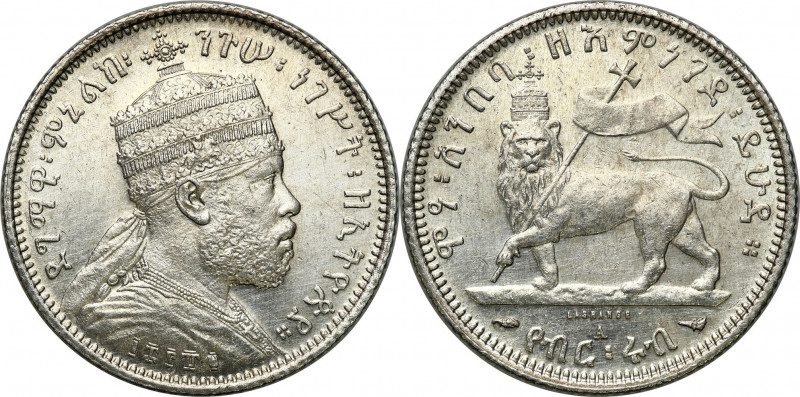 Ethiopia
Ethiopia. 1/4 Birr EE 1895 = 1903 AD 

Dużo połysku w tle.

Detail...
