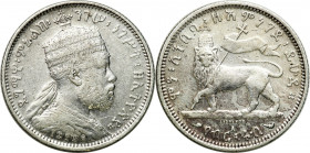 Ethiopia
Ethiopia. 1/4 Birr EE 1895 = 1903 AD 

Ślady obiegu

Details: 6,99 g Ag 
Condition: 3+ (VF+)