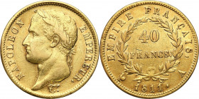 France
Napoleon Bonaparte (18041815). 40 francs 1811 A, Paris 

Ładny egzemplarz.Friedberg 505

Details: 12,85 g Au 
Condition: 3+ (VF+)