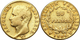 France
France, Napoleon I, 20 francs 1806 U, Turin - RARE 

Moneta z ciekawszej mennicy.Friedberg 490

Details: 6,38 g Au 
Condition: 3/4 (VF/F)