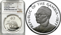 Gambia
The Gambia. 40 dalasis 1977 NGC PF68 ULTRA CAMEO 

Piękny, menniczy egzemplarz.Moneta srebrna o wadze 35,29 g, próby 0.925.KM 18

Details:...