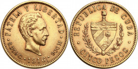 Cuba
Cuba. 5 pesos 1916, Philadelphia - Jose Marti 

Ładnie zachowane.&nbsp;KM# 19; Friedberg 5

Details: 8,39 g Au .900 
Condition: 2/2+ (EF/EF...