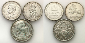 Lithuania and Latvia
Lithuania, Latvia. 5 Years 1932, 10 Lithium 1936, 10 Lithium 1938, Set of 3 Coins 

- 5 lati w stanie 3-, czyszczone.- 10 litu...