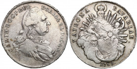 Germany
Germany, Bavaria. Charles II Theodore (1777 1799). Thaler 1789, Munich 

Ciemna patyna.Davenport 1965

Details: 27,93 g Ag 
Condition: 3...