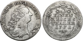 Germany
Germany, Prusy. Fryderyk II (1740–1786). 1/3 talara 1771 A, Berlin

Patyna, rysy w polu.
Olding 75

Details: 8 g Ag
Condition: 3 (VF)