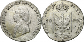 Germany
Germany, Prussia, Frederick William III (1797-1840), 4 groszy (1/6 thaler) 1805 A, Berlin 

Drobne rysy w polu, ale moneta ładnie zachowana...