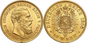 Germany
Germany. Prussia. 10 Mark 1888 - BEAUTIFUL 

Atrakcyjny egzemplarz z dużą ilości połysku menniczego.&nbsp;Rzadka dziesięciomarkowa.Friedber...
