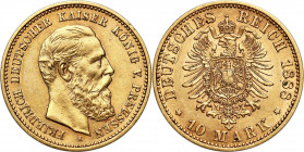 Germany
Germany, Prussia. 10 Mark 1888 - BEAUTIFUL 

Atrakcyjny egzemplarz z dużą ilości połysku menniczego.&nbsp;Rzadka dziesięciomarkowa.Friedber...