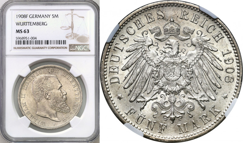 Germany
Germany, Wrttemberg. 5 brands 1908 F, Stuttgart NGC MS63 - BEAUTIFUL 
...