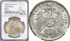 Germany
Germany, Wrttemberg. 5 brands 1908 F, Stuttgart NGC MS63 - BEAUTIFUL 

Blask menniczy. Pięknie zachowana moneta.AKS 143; Jaeger 176

Deta...