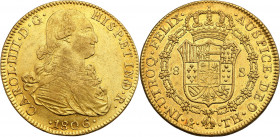 Peru
Peru, Charles IV (1788-1808). 8 Escudo 1806 TH, Mexico 

Ładnie zachowane. Na awersie przetarcie najwyższych elementów reliefu. Dużo połysku m...