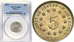 USA (United States of America)
USA. 5 cents 1873 - open 3, Philadelphia PCGS MS64 - BEAUTIFUL 

Połysk menniczy, subtelna patyna.Do monety dołączon...