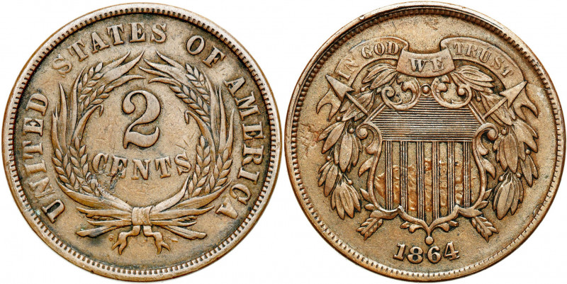 USA (United States of America)
USA. 2 cents 1864 large motto 

Piękna brązowa...