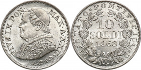 Vatican
Vatican. Pius IX (1846-1878). 10 soldi 1868 R, Rome 

Pięknie zachowane.&nbsp;KM 1386.2

Details: 2,53 g Ag 
Condition: 1 (UNC)