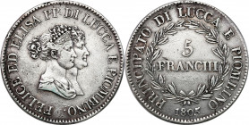 Italy
Italy. Felix Baiocchi and Eliza Bonaparte (1805-1814). 5 franchi 1807, Florence - RARE 

Patyna, graffiti. Rzadki typ monety.Davenport 203; P...