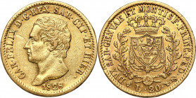 Italy
Italy, Sardynis. Karol Feliks (1821-1831). 20 lira 1828 L, Turin 

Znak menniczy głowa orła.Dużo połysku. Punktowe uszkodzenie w tle na awers...