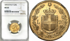 Italy
Italy. Umberto I (1878-1900). 20 Lire 1891R, Rome NGC MS65 - BEAUTIFUL 

Złota moneta o wadze 6,452 g&nbsp; próby 900.Wyśmienicie zachowany e...