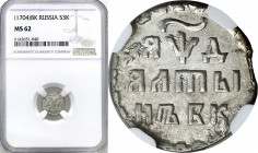 Collection of russian coins
RUSSIA / RUSSLAND / РОССИЯ

Rosja, Peter I. Ałtyn (3 Kopek (kopeck)) 1704 БK NGC MS62 - BEAUTIFUL 

Wariant bez krope...