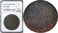 Collection of russian coins
RUSSIA / RUSSLAND / РОССИЯ

Rosja Catherine II. 5 Kopek (kopeck) 1769 EM, Jekaterinburg NGC AU55 BN 

Aw.: Ukoronowan...