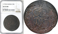 Collection of russian coins
RUSSIA / RUSSLAND / РОССИЯ

Rosja Catherine II 5 Kopek (kopeck) 1779 EM, Jekaterinburg NGC AU55 BN 

Aw.: Ukoronowany...