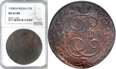Collection of russian coins
RUSSIA / RUSSLAND / РОССИЯ

Rosja Catherine II. 5 Kopek (kopeck) 1788 EM, Jekaterinburg NGC MS62 BN - Bitkin R1 

Aw....