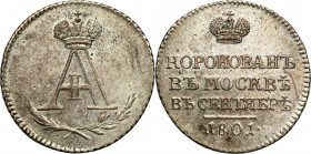 Collection of russian coins
RUSSIA / RUSSLAND / РОССИЯ

Rosja, Alexander I. Żeton koronacyjny 1801, Petersburg 

Aw.: Pod koroną, na dwóch gałązk...