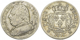 Louis XVIII, AR 5 Francs 1814 M, Toulouse
