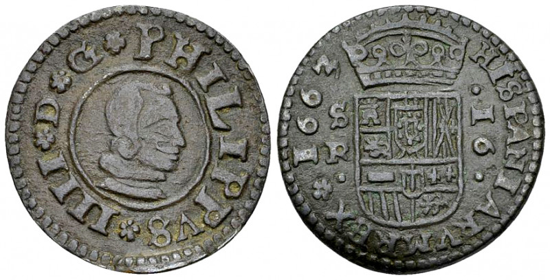 Felipe IV AE 16 Maravedis 1663, Sevilla 

Spain, Felipe IV. AE 16 Maravedis 16...