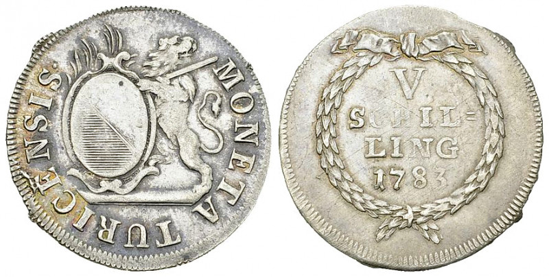 Zürich, AR 5 Schilling 1783 

Schweiz. Zürich. AR 5 Schilling 1783 (2.61 g).
...