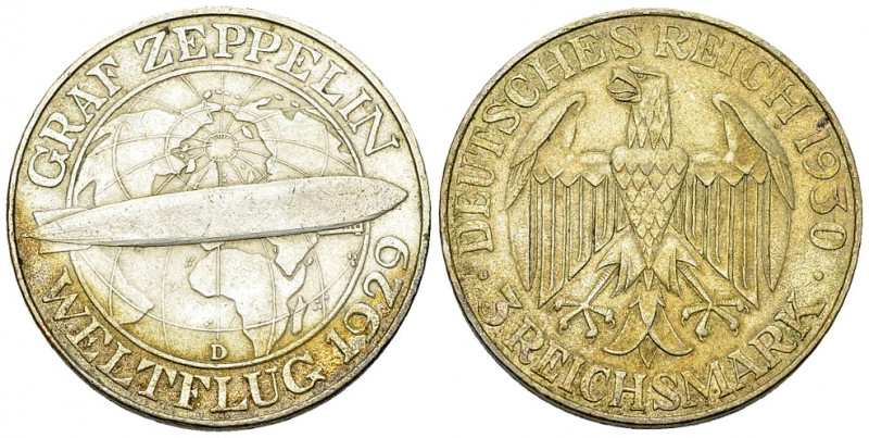 Weimarer Republik, AR 3 Reichsmark 1930 D, Zeppelin 

Luftfahrt-Medaillen. Deu...