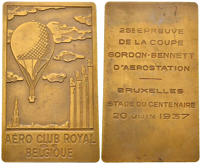 Brüssel, AE Plakette 1937, Gordon Bennett 

Luftfahrt-Medaillen. Belgien/Belgi...