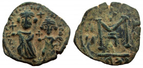 Heraclius, with Heraclius Constantine. 610-641 AD. AE Follis. Seleucia Isauriae mint.