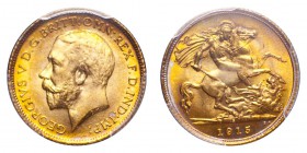 AUSTRALIA. George V, 1910-36. Gold Half-Sovereign 1915-S, Sydney. 3.99 g. S-4009. Lively golden toning; very attractive and scarce in this grade. In U...