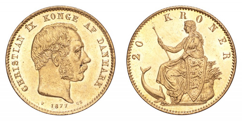 DENMARK. Christian IX, 1863-1906. Gold 20 Kroner 1877, Copenhagen. 8.96 g. KM-79...
