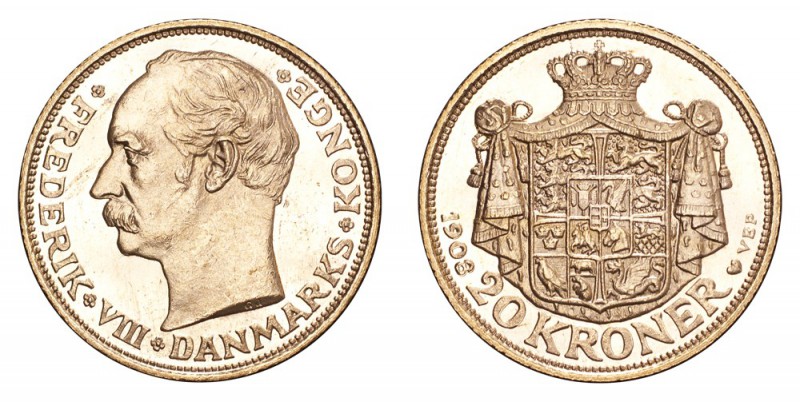 DENMARK. Frederik VIII, 1906-12. Gold 20 Kroner 1908, Copenhagen. 8.96 g. Mintag...