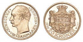 DENMARK. Frederik VIII, 1906-12. Gold 20 Kroner 1908, Copenhagen. 8.96 g. Mintage 243,000. KM-810. Prooflike. Choice UNC.