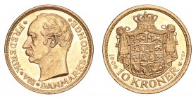 DENMARK. Frederik VIII, 1906-12. Gold 10 Kroner 1909, Copenhagen. 4.48 g. Mintage 153,000. KM-809. UNC.