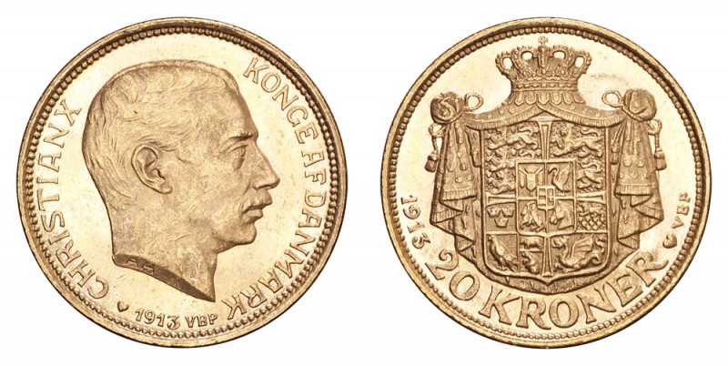 DENMARK. Christian X, 1912-47. Gold 20 Kroner 1913, Copenhagen. 8.96 g. Mintage ...
