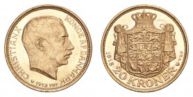 DENMARK. Christian X, 1912-47. Gold 20 Kroner 1913, Copenhagen. 8.96 g. Mintage 815,000. KM-817. Choice UNC.