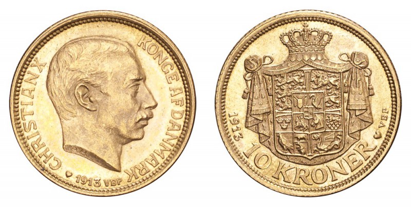 DENMARK. Christian X, 1912-47. Gold 10 Kroner 1913, Copenhagen. 4.48 g. Mintage ...