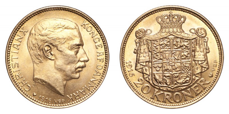 DENMARK. Christian X, 1912-47. Gold 20 Kroner 1916, Copenhagen. 8.94 g. KM-817. ...