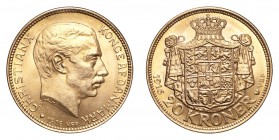 DENMARK. Christian X, 1912-47. Gold 20 Kroner 1916, Copenhagen. 8.94 g. KM-817. Choice UNC.